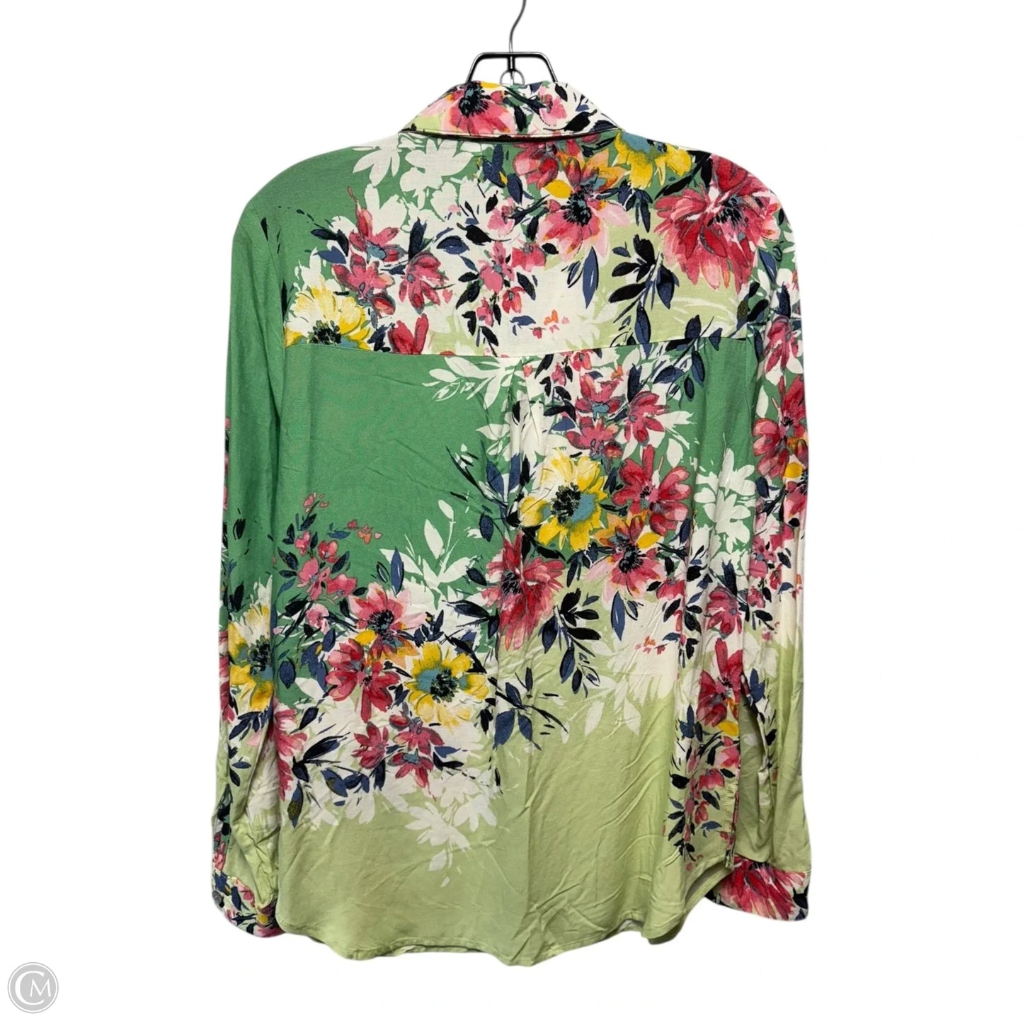 Woven Cherry Floral Point Collar Long Roll-Tab Sleeve Button-Front Blouse By Figueroa & Flower In Floral Print, Size: S
