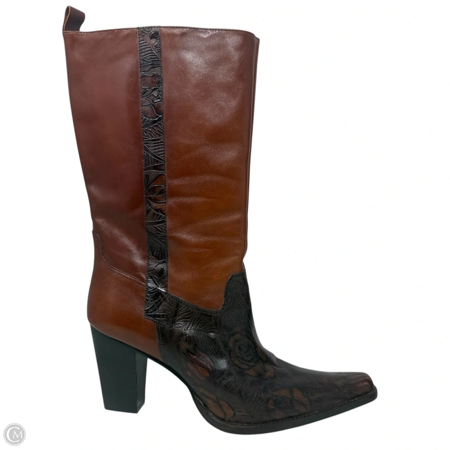 Cassidy Tooled Italian Leather Midcalf Heeled Boots By Antonio Melani In Brown, Size: 9.5