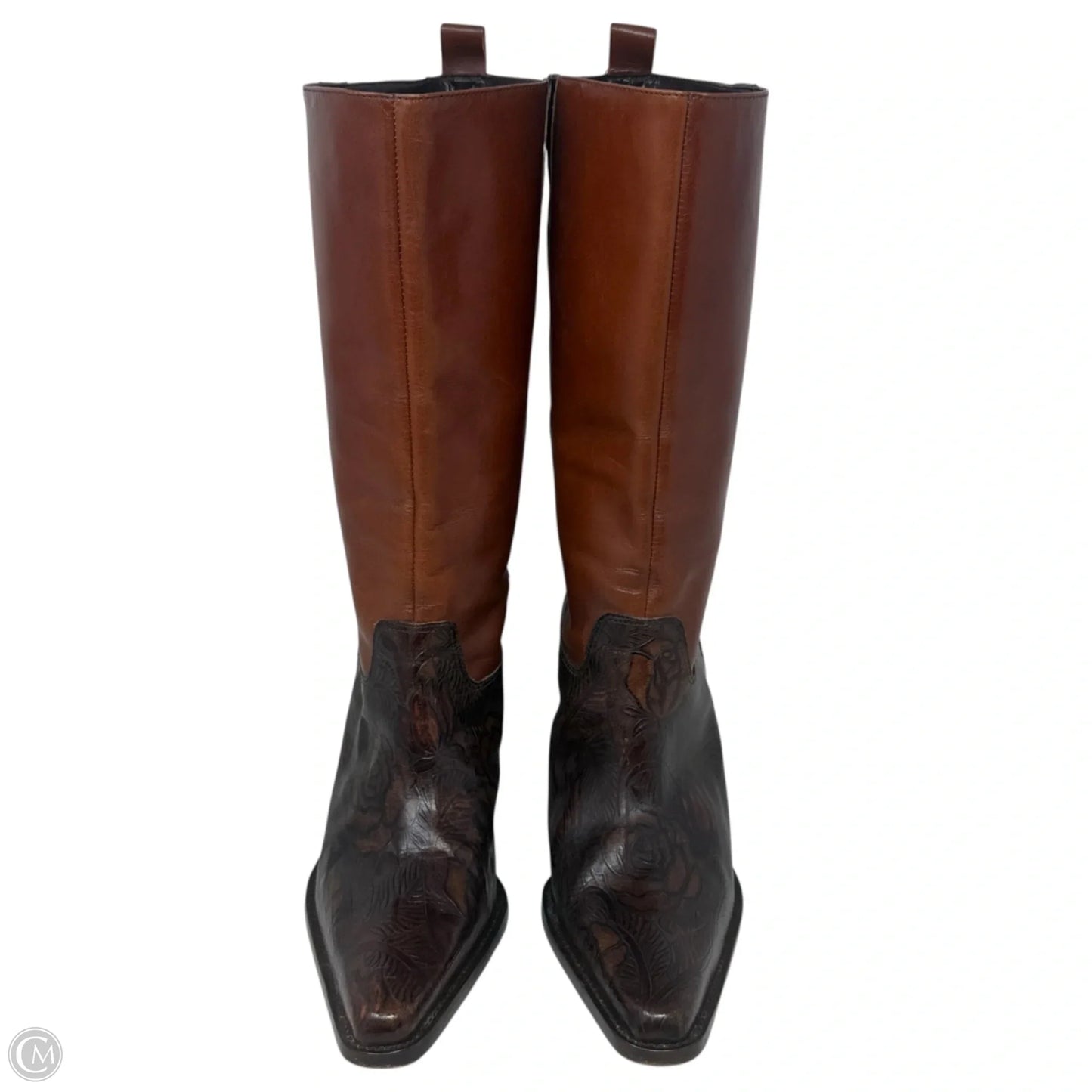 Cassidy Tooled Italian Leather Midcalf Heeled Boots By Antonio Melani In Brown, Size: 9.5