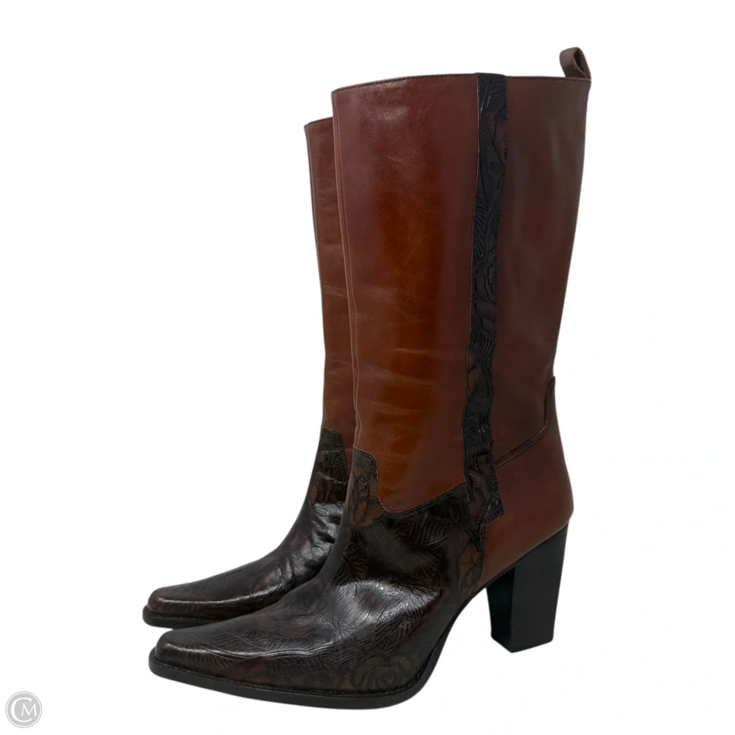 Cassidy Tooled Italian Leather Midcalf Heeled Boots By Antonio Melani In Brown, Size: 9.5