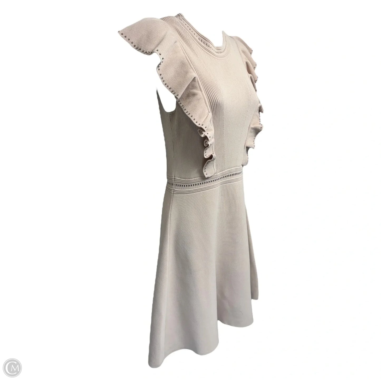 Tilla Ruffle-Trimmed Embellished Ribbed-Knit Mini Dress Designer By Sandro In Blush, Size: 6