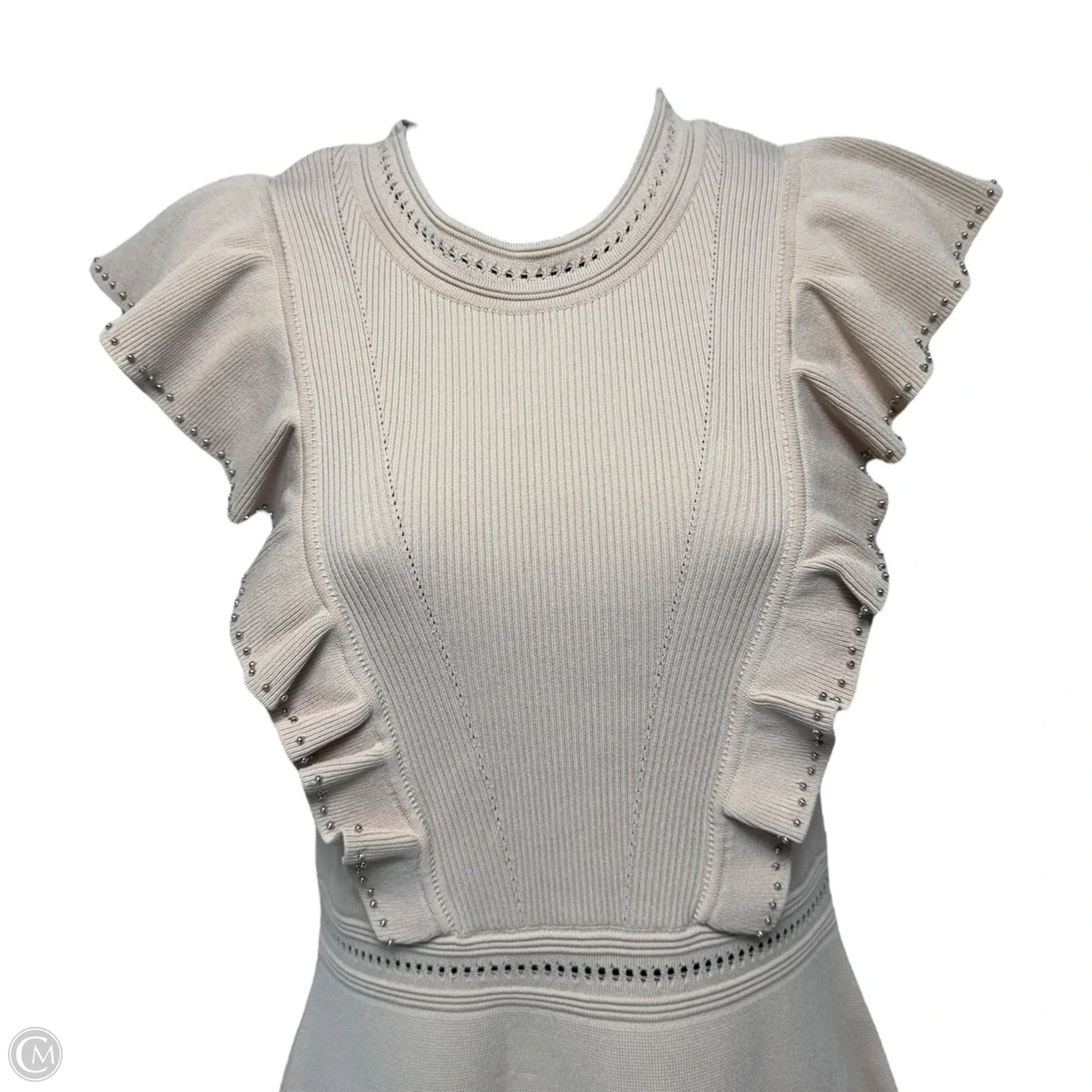 Tilla Ruffle-Trimmed Embellished Ribbed-Knit Mini Dress Designer By Sandro In Blush, Size: 6