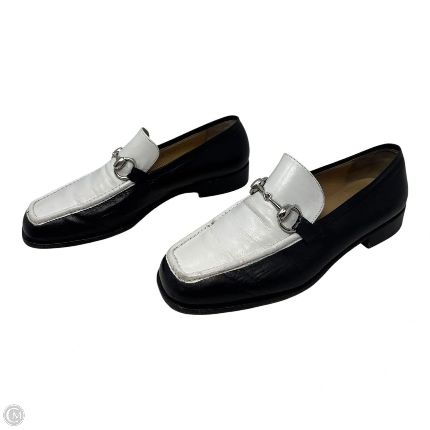 AS IS Vintage Two Tone Horsebit Loafers Shoes Luxury Designer By Gucci In Black & White, Size: 7.5
