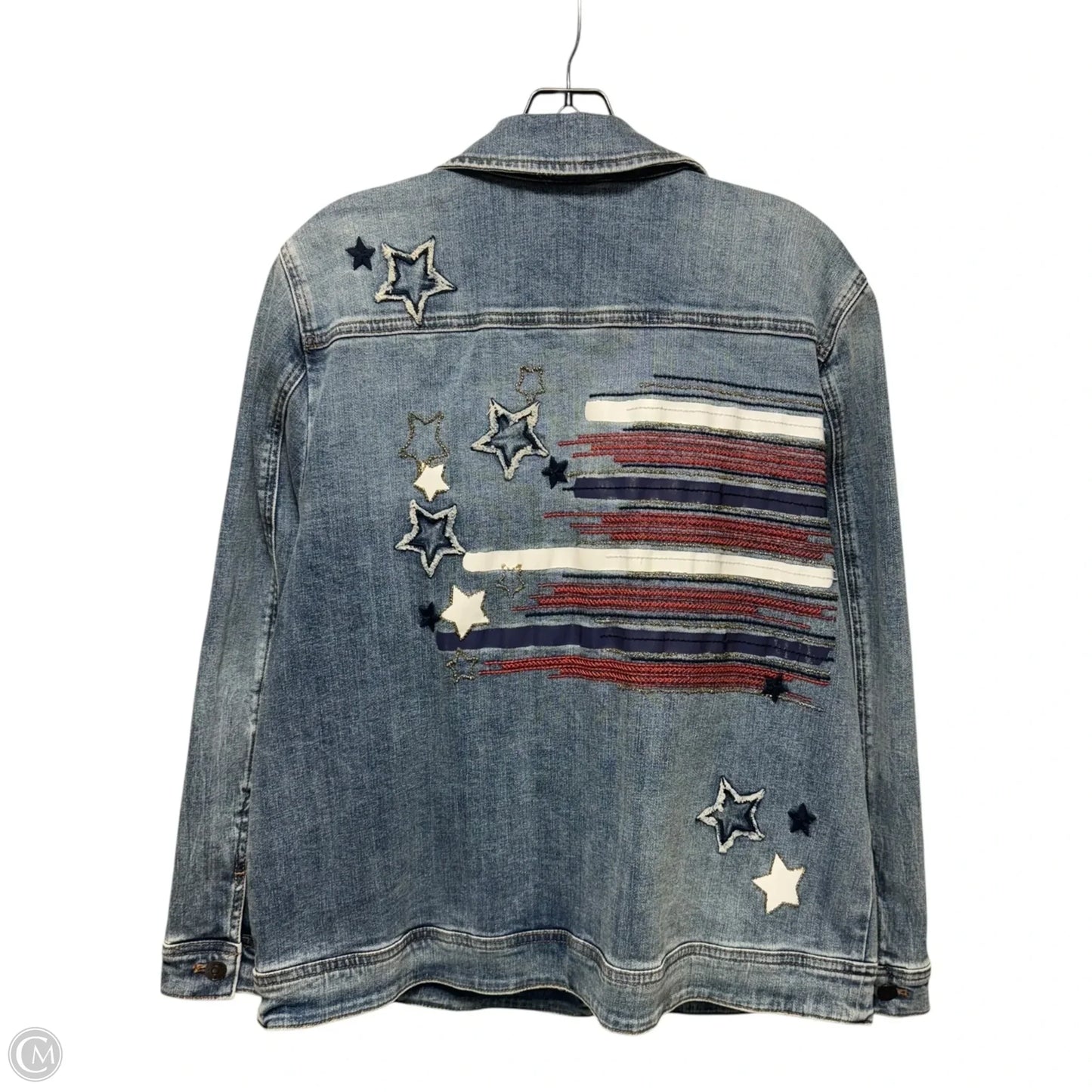 Flag Embroidered Jacket Denim By Chicos In Blue Denim, Size: Xl
