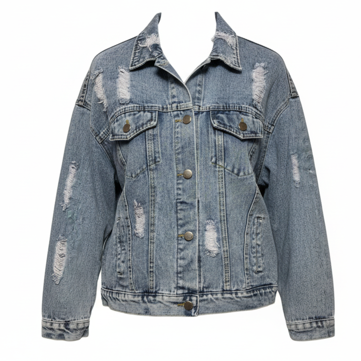 Embellished Sunflower Distressed Denim Trucker Jacket By Ampersand Avenue In Blue Denim, Size: S