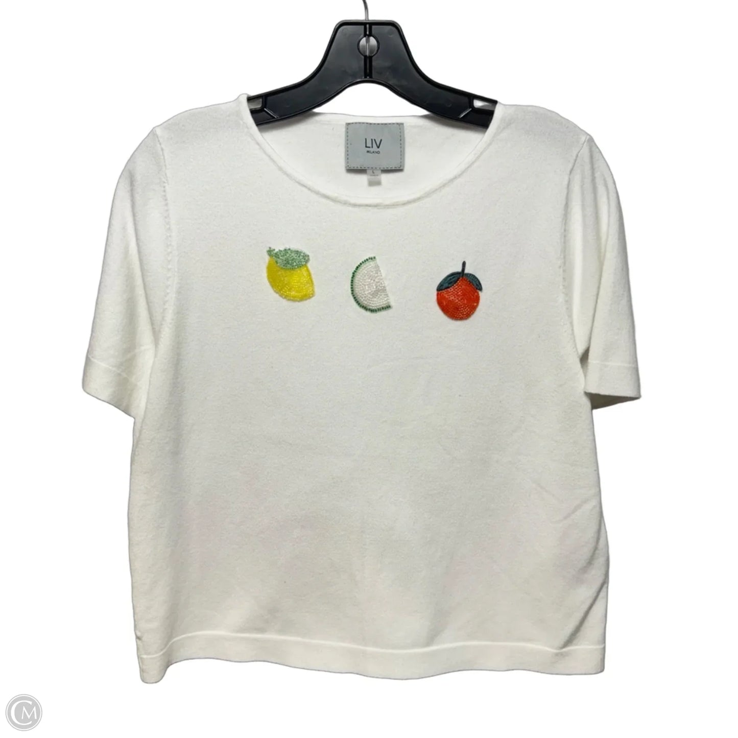 Embroidered Fruit Knit Top Short Sleeve By LIV Milano In White, Size: L