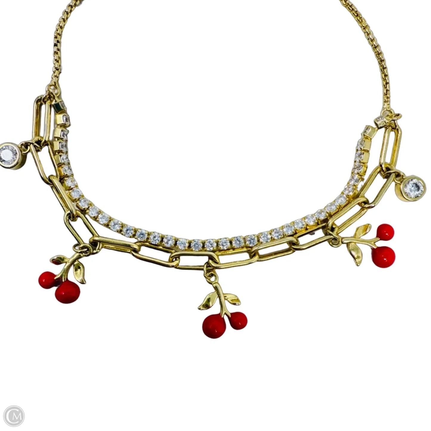 Gold Tone Cubic Zirconia & Cherry Charm Layered Slider Bracelet