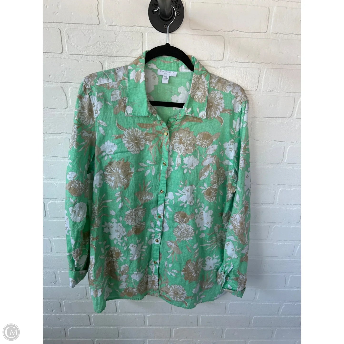 Top Long Sleeve By Charter Club In Green & White, Size: Xlp