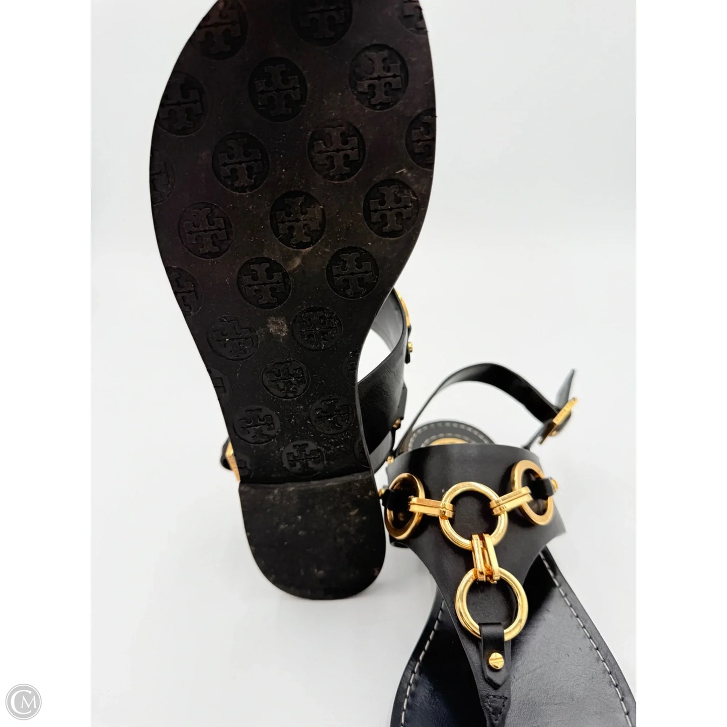Sandals Designer By Tory Burch In Black & Gold, Size: 9.5