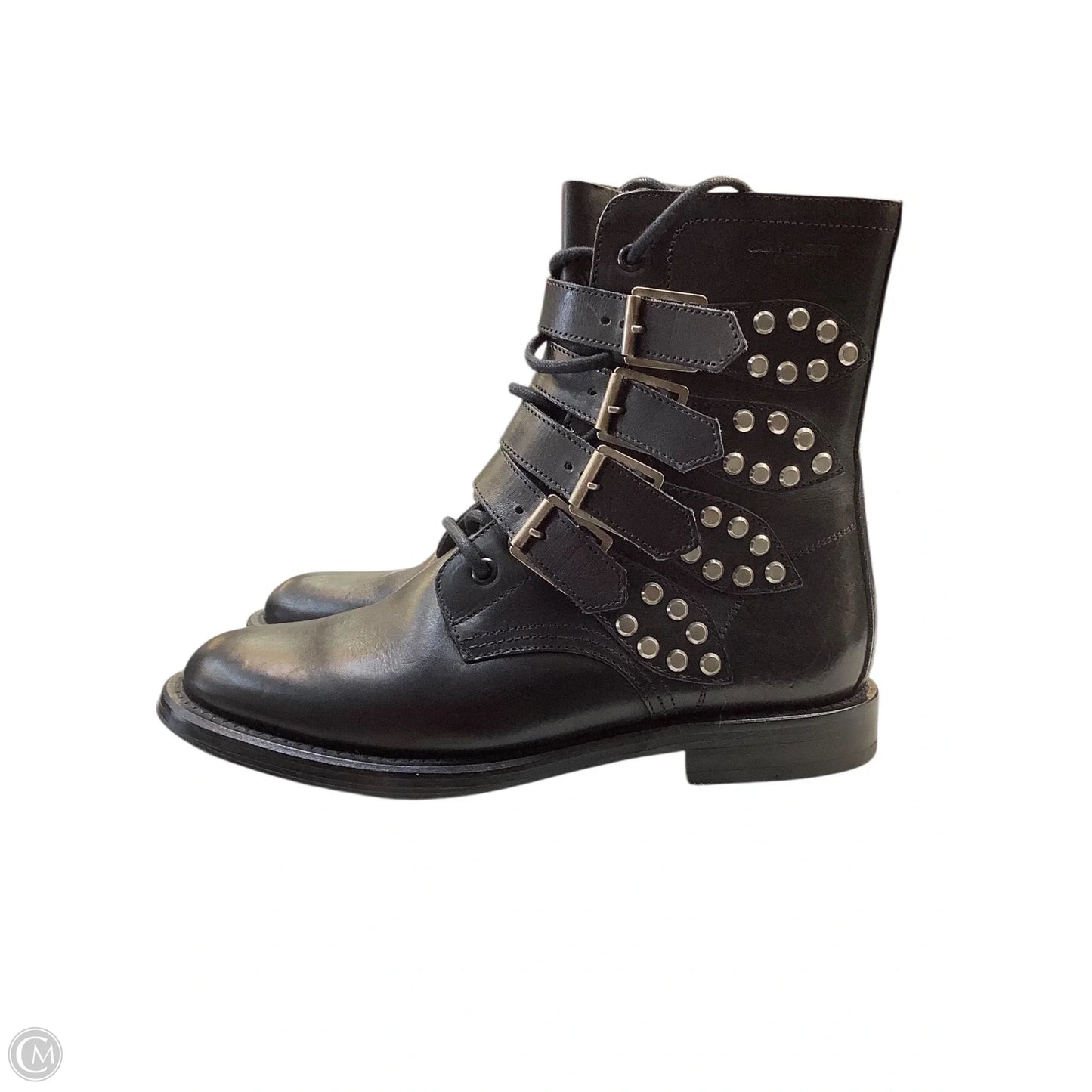 Boots Luxury Designer By Yves Saint Laurent In Black & Silver, Size: 7.5(38)
