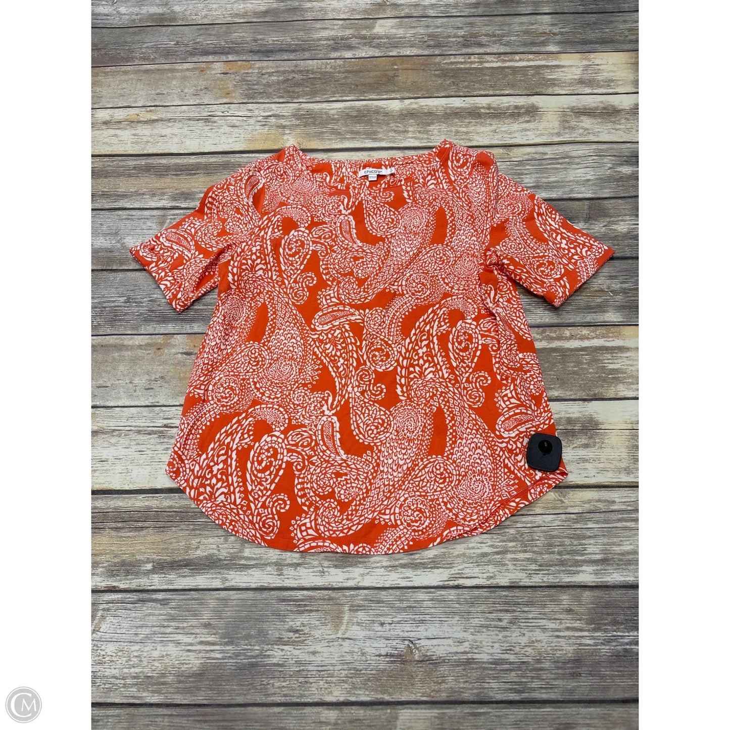 Top Short Sleeve By Chicos In Orange & White, Size: S