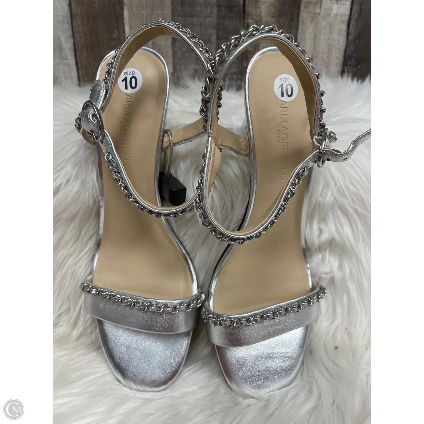 Sandals Heels Stiletto By Karl Lagerfeld In Silver, Size: 10