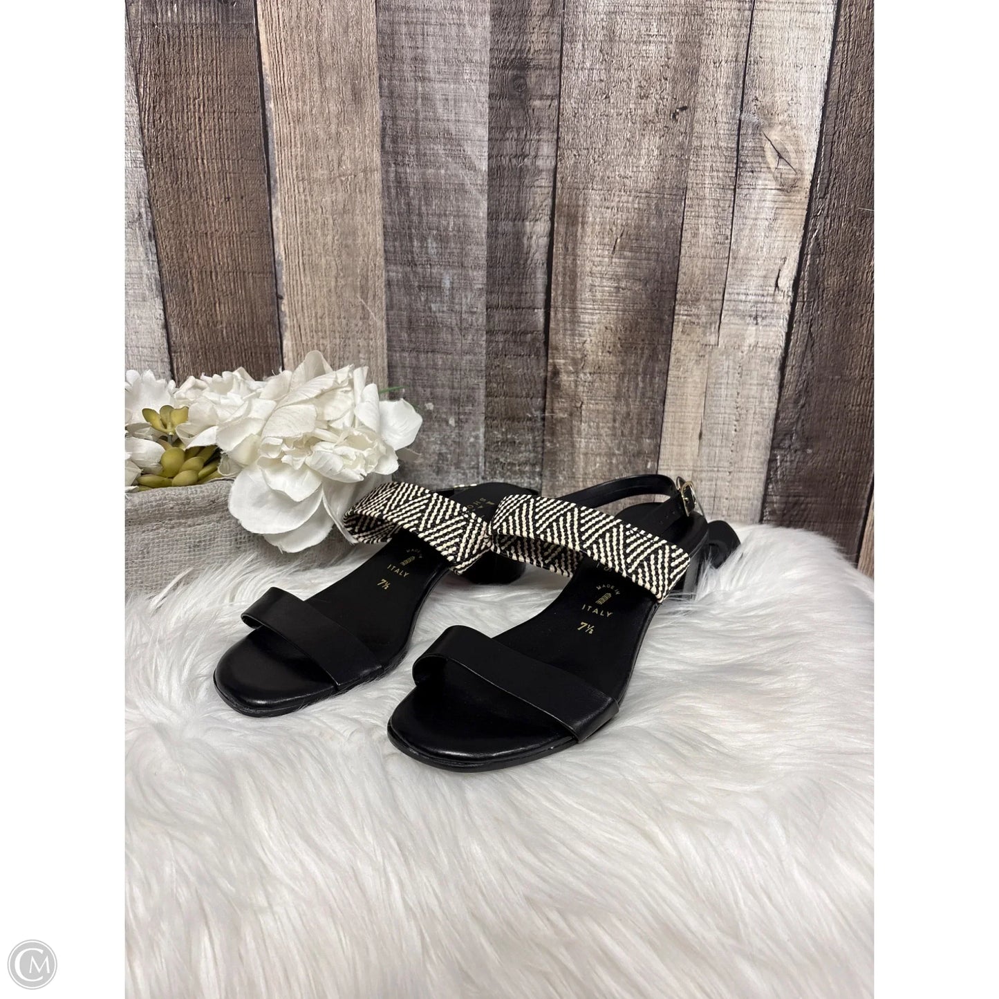 Sandals Heels Block By Italian Shoemakers In Black & Cream, Size: 7.5