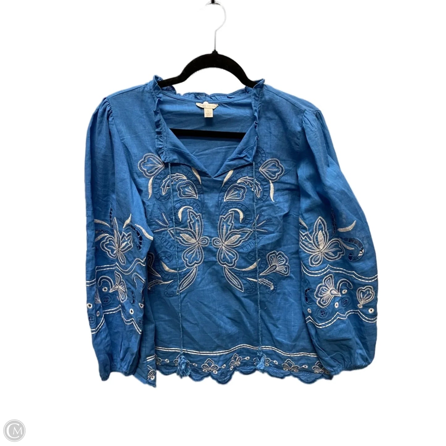 Top Long Sleeve By Cato In Blue & White, Size: L