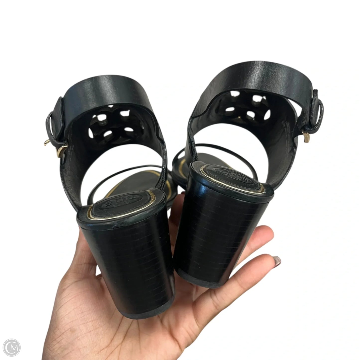 Sandals Designer By Tory Burch In Black & Gold, Size: 6