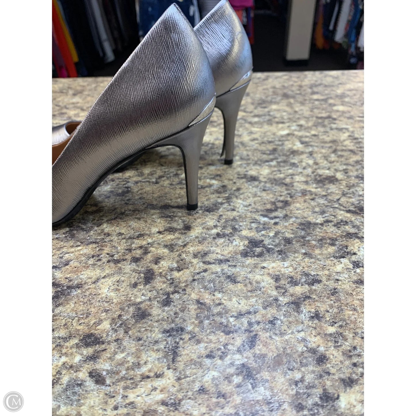 Shoes Heels Stiletto By Calvin Klein In Silver, Size: 7