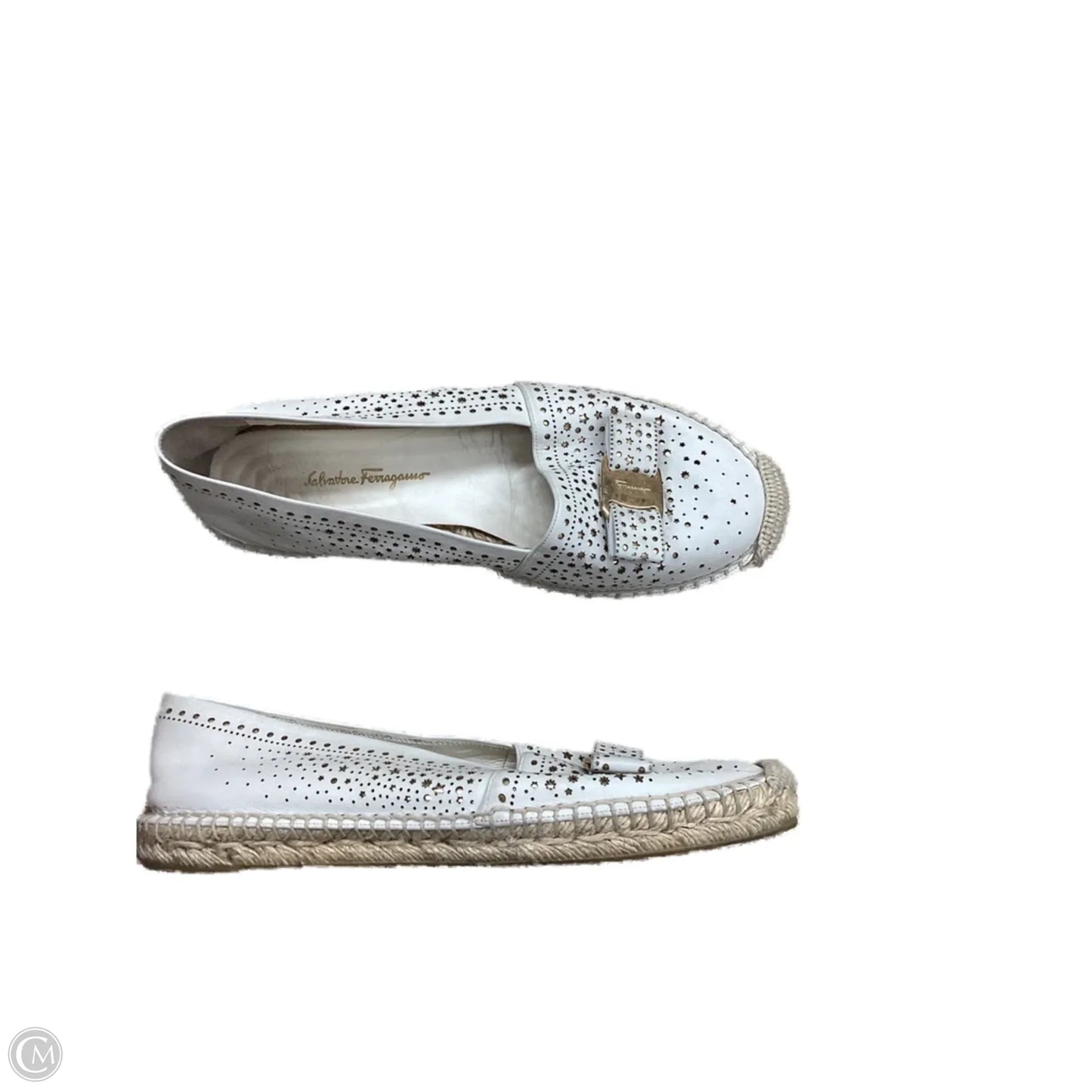 Shoes Designer By Ferragamo In Gold & White, Size: 9.5