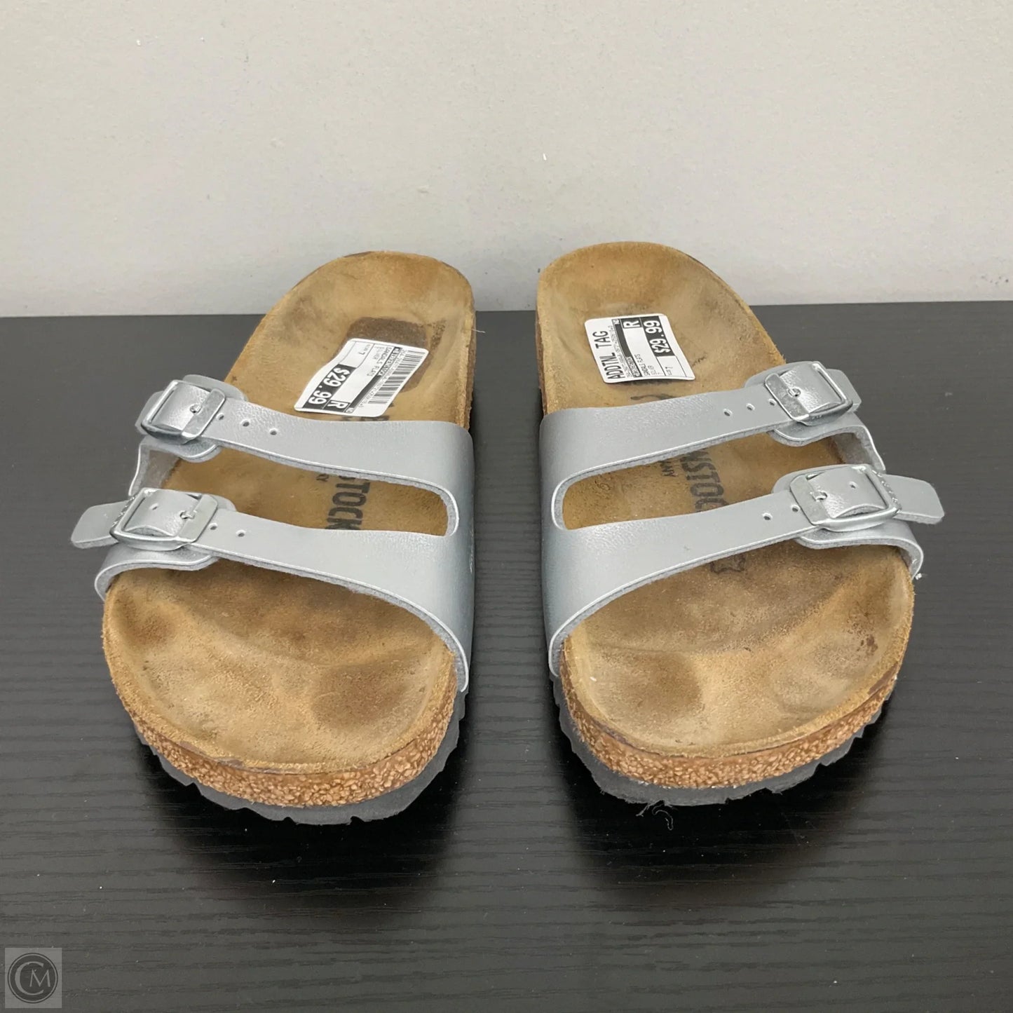 Sandals Flats By Birkenstock In Silver, Size: 7