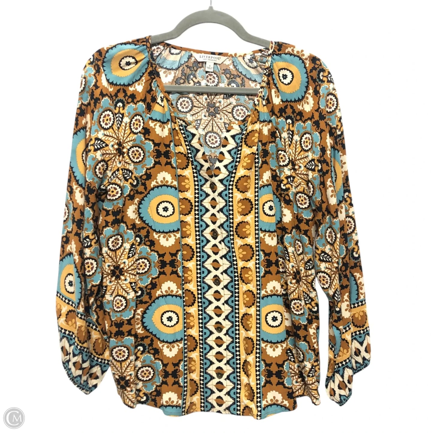 Top Long Sleeve By Liverpool In Blue & Brown, Size: S