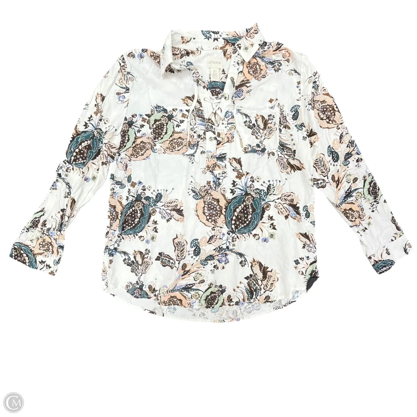 Top Long Sleeve By Chicos In Cream & White, Size: Mp