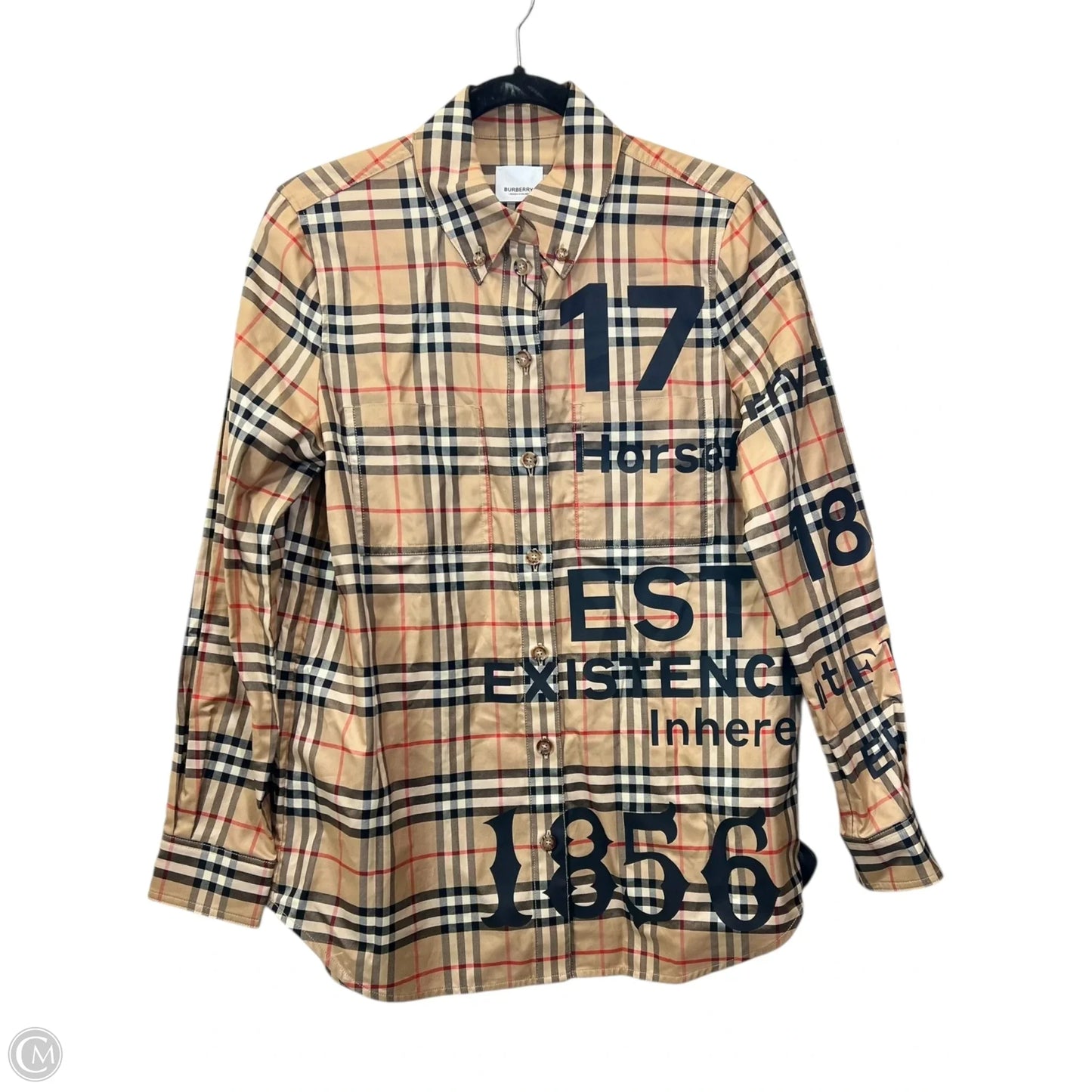 Top Long Sleeve Luxury Designer By Burberry In Plaid Pattern, Size: 6