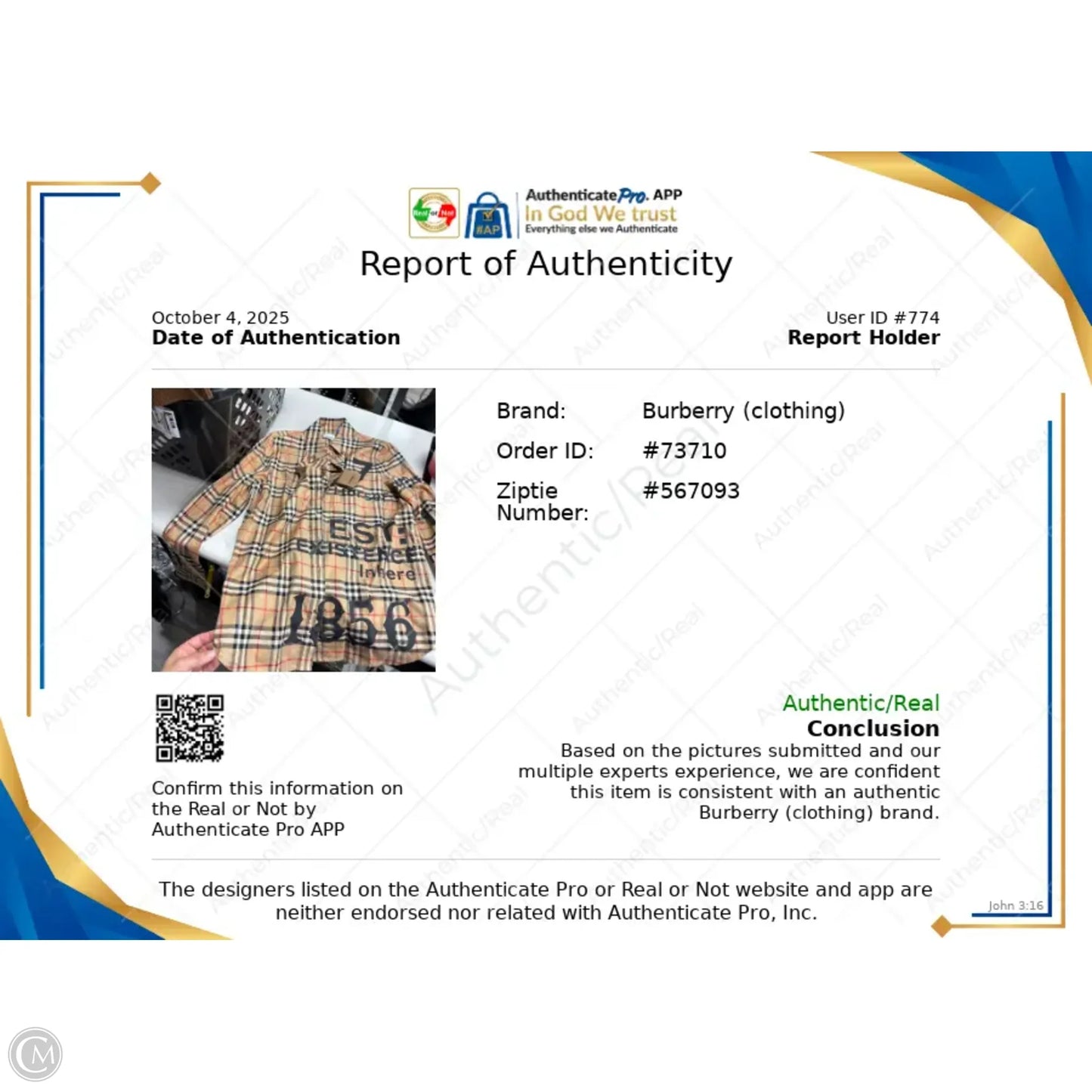 Top Long Sleeve Luxury Designer By Burberry In Plaid Pattern, Size: 6