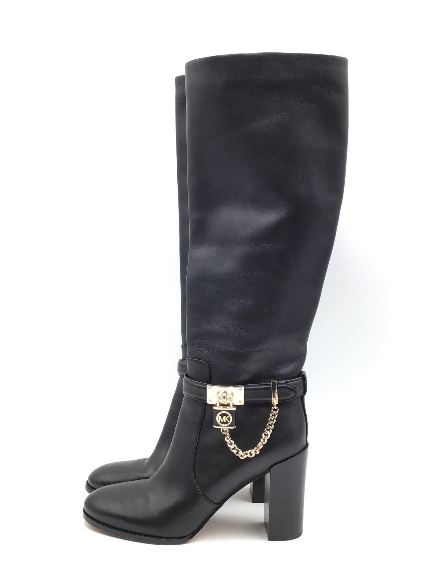 Boots Knee Heels By Michael Kors In Black & Gold, Size: 8