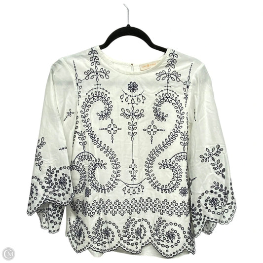 Top 3/4 Sleeve Designer By Tory Burch In Blue & White, Size: Xs