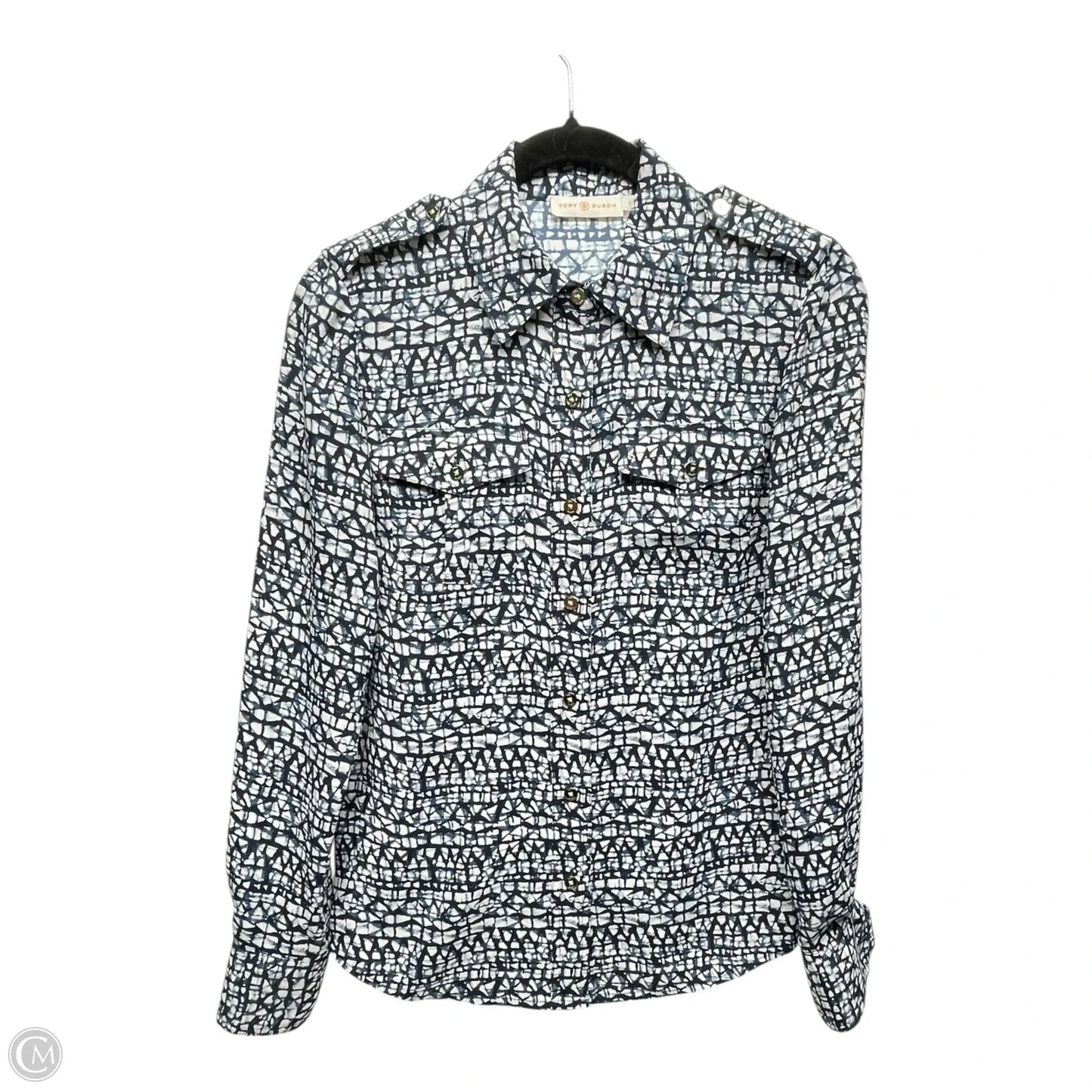 Blouse Designer By Tory Burch In Blue & White, Size: 2