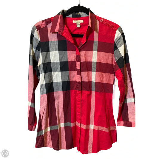 Blouse Luxury Designer By Burberry In Plaid Pattern, Size: S