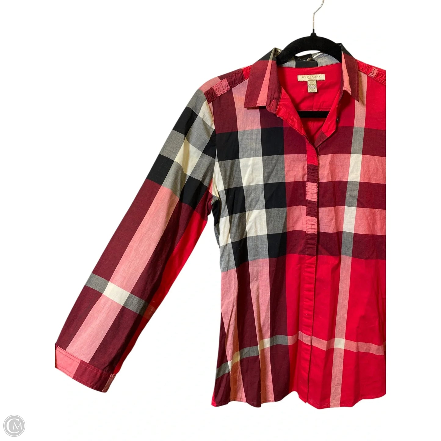 Blouse Luxury Designer By Burberry In Plaid Pattern, Size: S