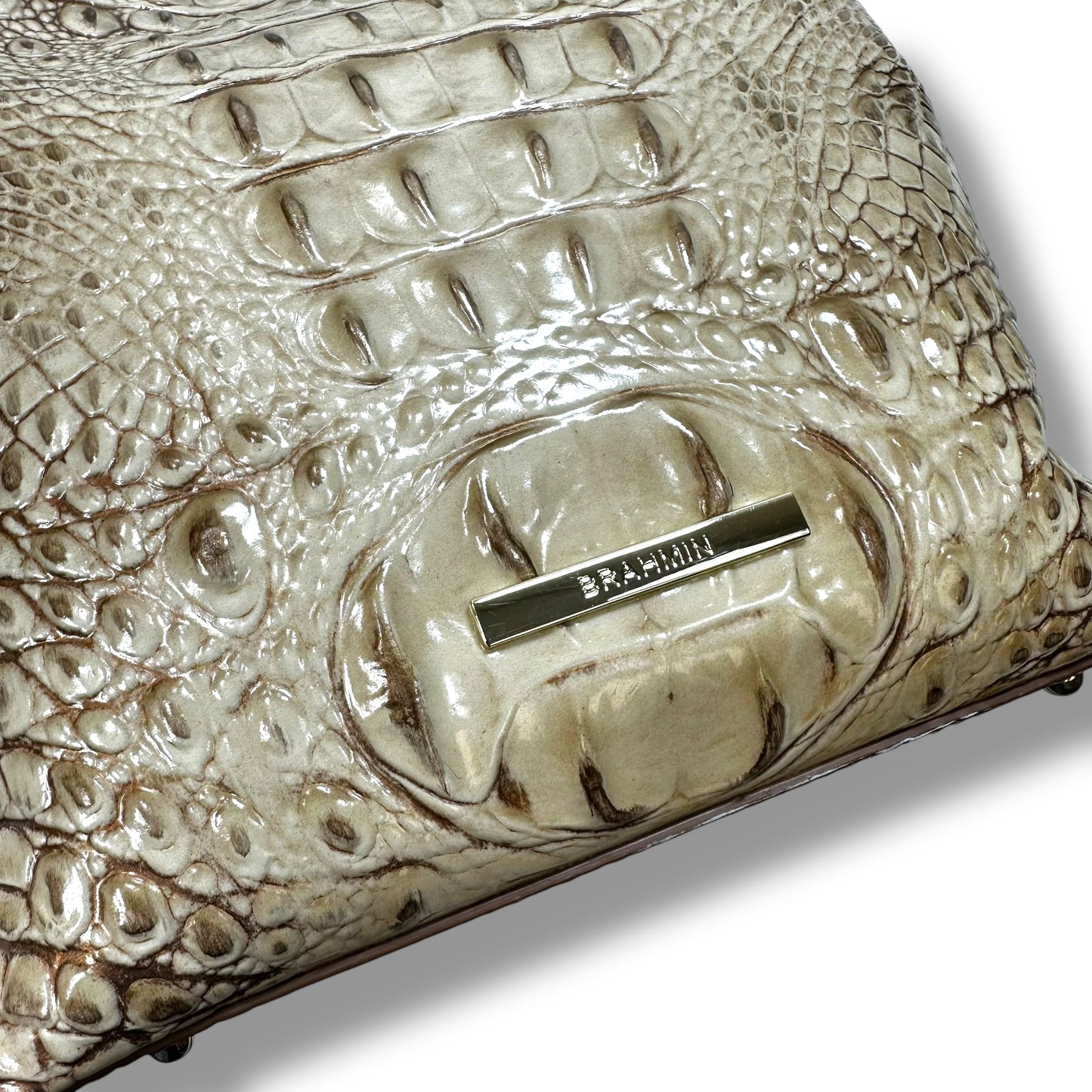 Amelia Croc Embossed Leather Bucket Bag Handbag Designer By Brahmin, Size: Medium