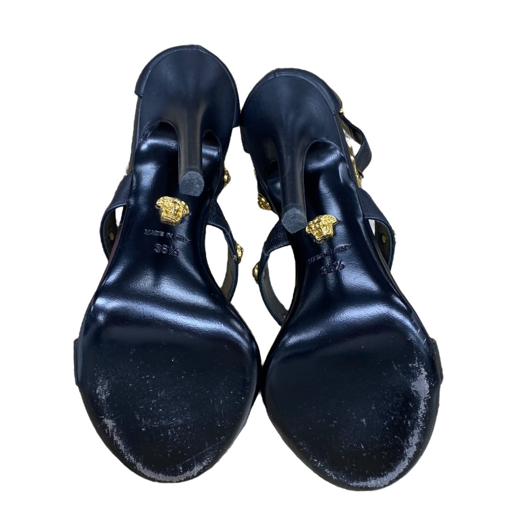 Sandals Luxury Designer By Versace In Black & Gold, Size:6.5