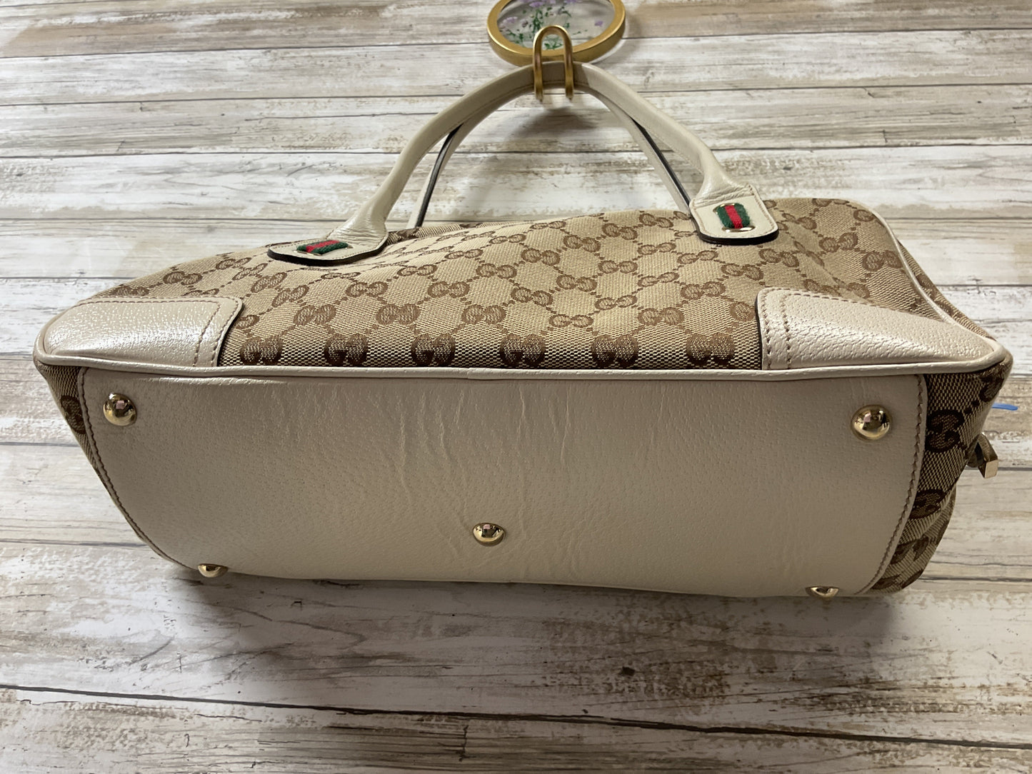 Handbag Luxury Designer By Gucci In Brown & Cream, Size:Medium