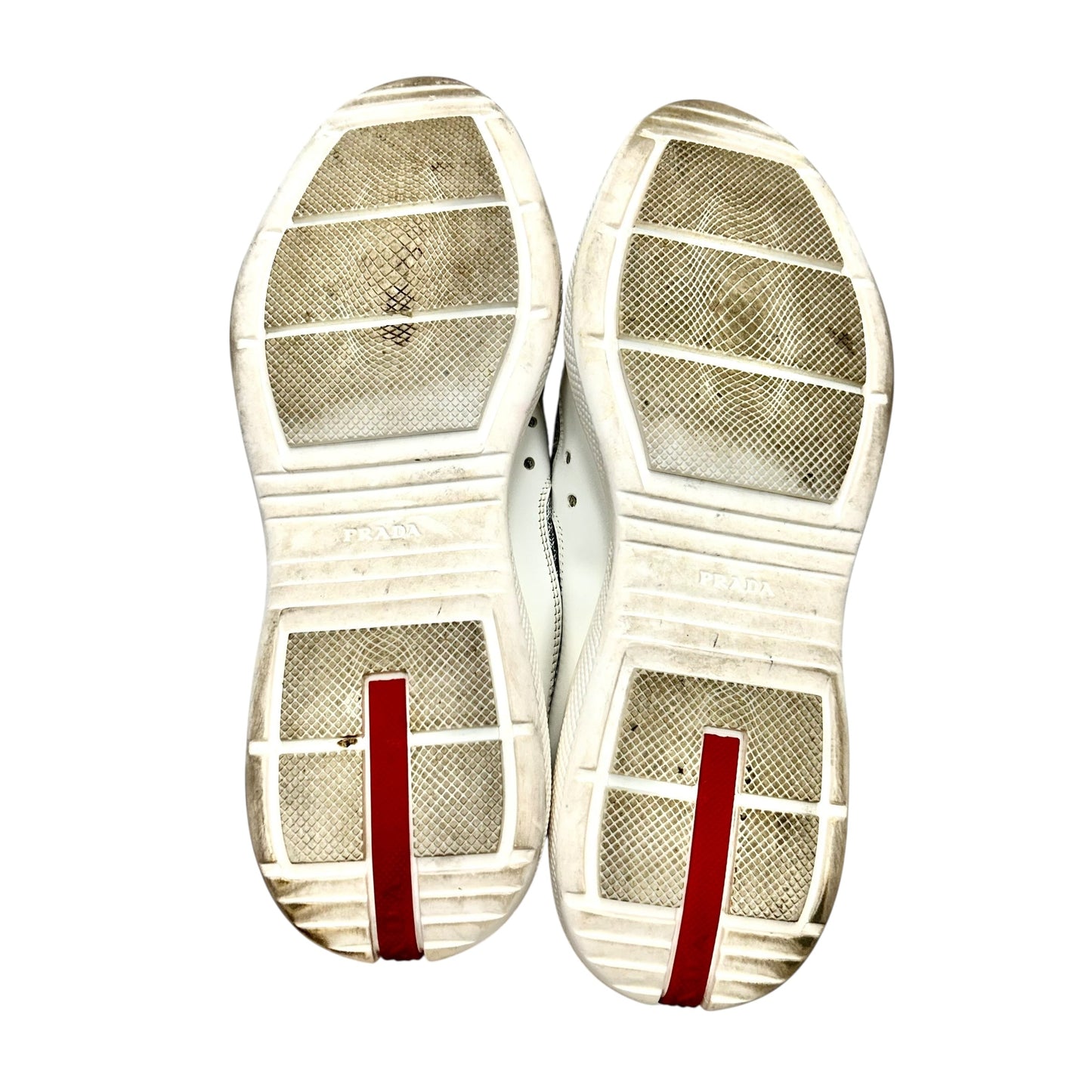 Shoes Luxury Designer By Prada In Grey & White, Size: 8.5