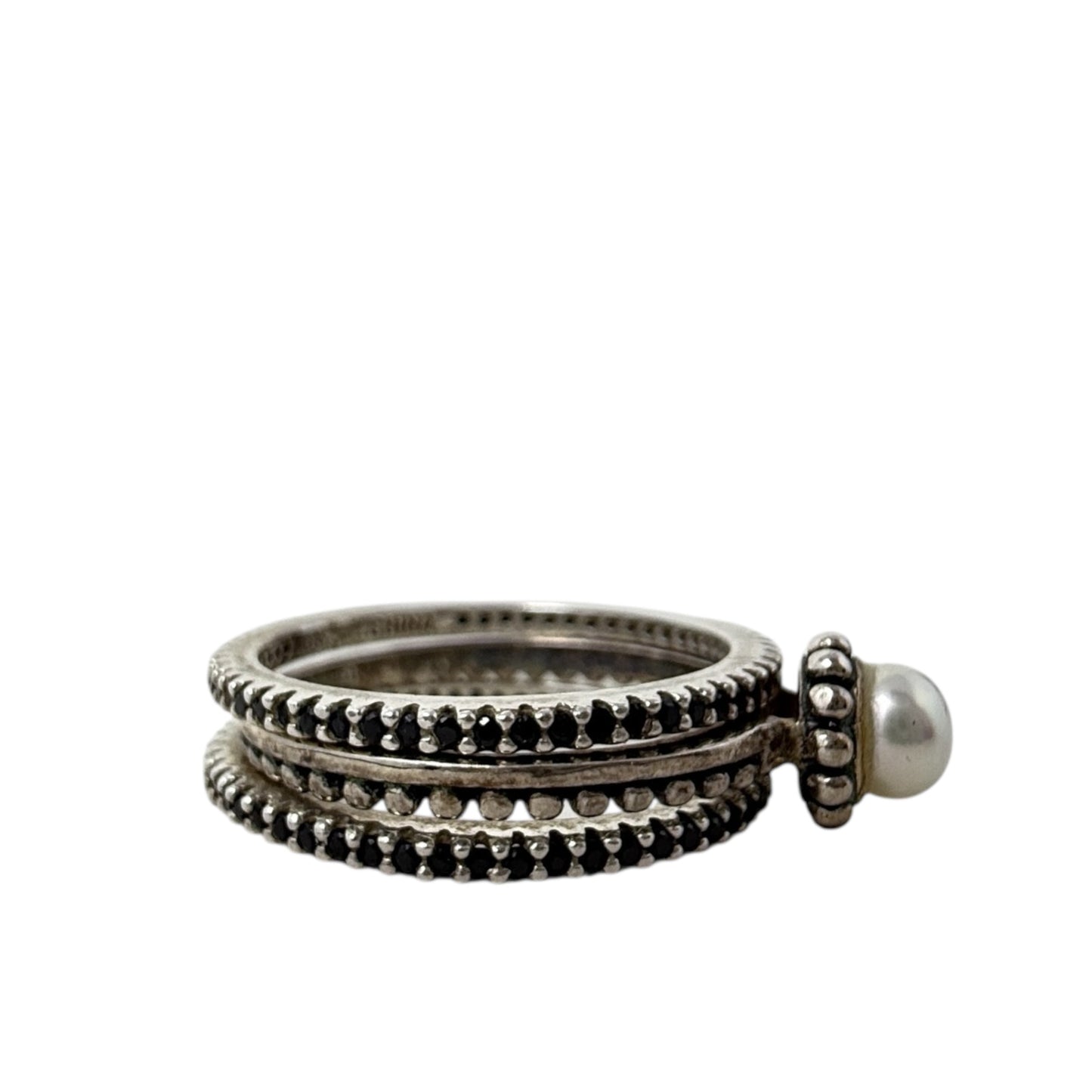 Sterling Silver Belle Fleur Pearl Stack Ring & Black Spinel Eternity Bands Set By Silpada, Size: 03 Piece Set