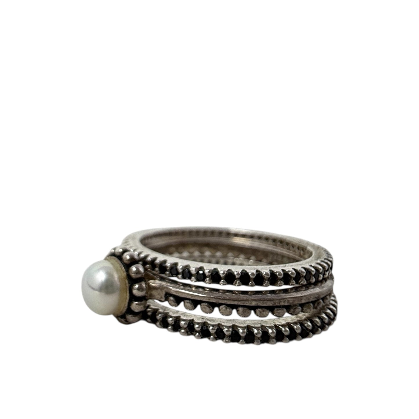 Sterling Silver Belle Fleur Pearl Stack Ring & Black Spinel Eternity Bands Set By Silpada, Size: 03 Piece Set