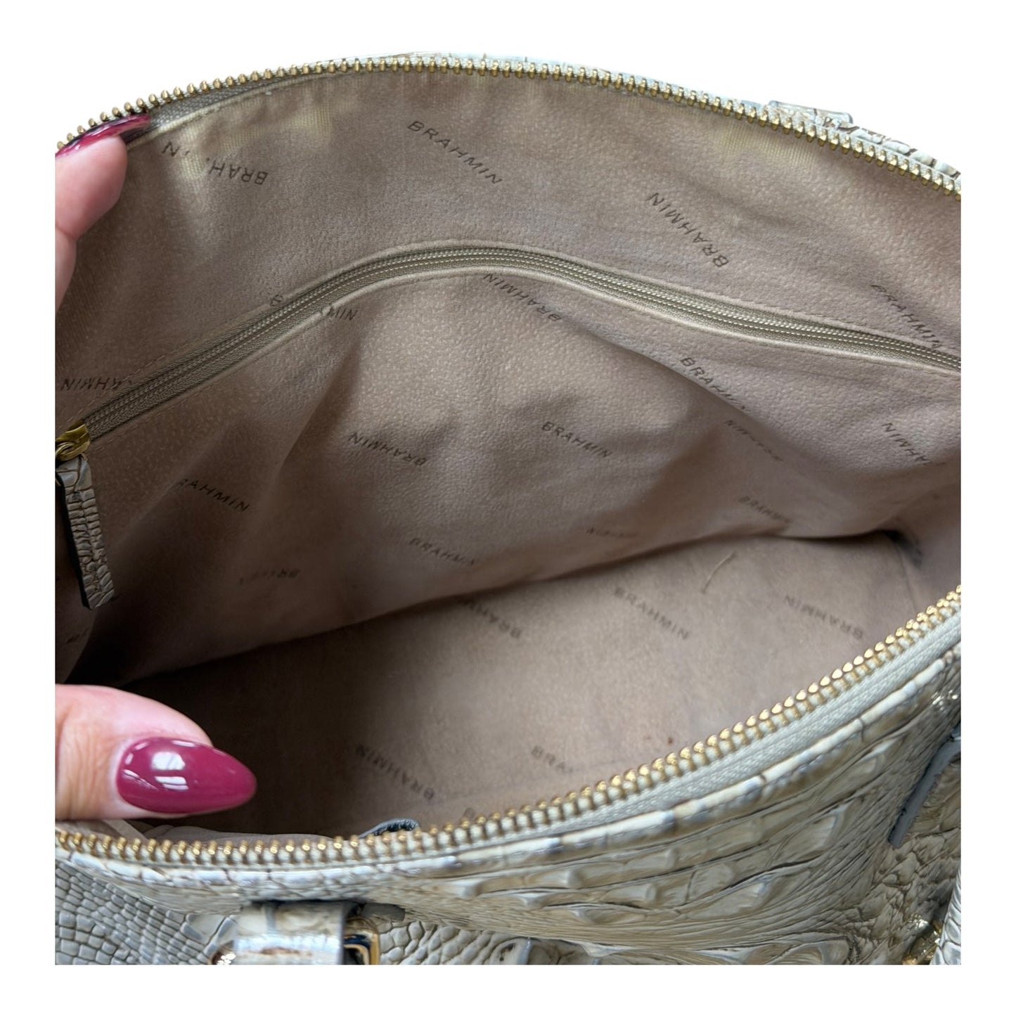 Handbag Designer By Brahmin In Grey & Tan, Size:Medium