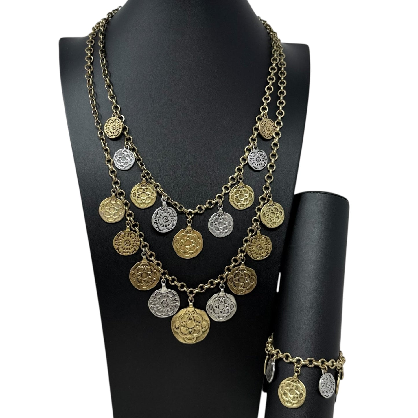 Gold & Silver Tone Coin Charm Convertible Three Section Necklace & Bracelet Set By Cabi