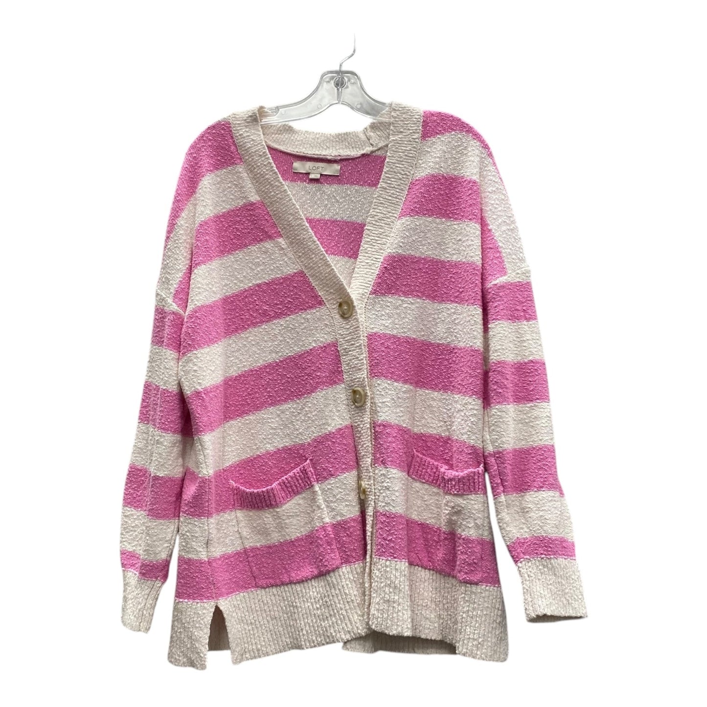 Sweater Cardigan By Loft In Pink & White, Size:L