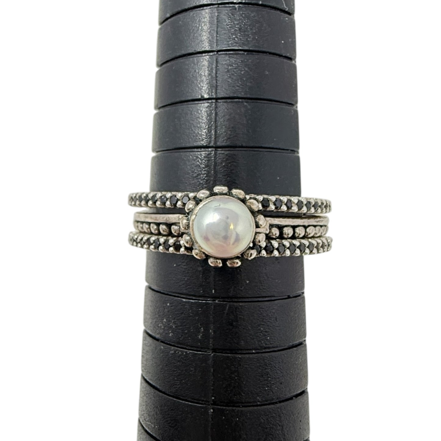 Sterling Silver Belle Fleur Pearl Stack Ring & Black Spinel Eternity Bands Set By Silpada, Size: 03 Piece Set