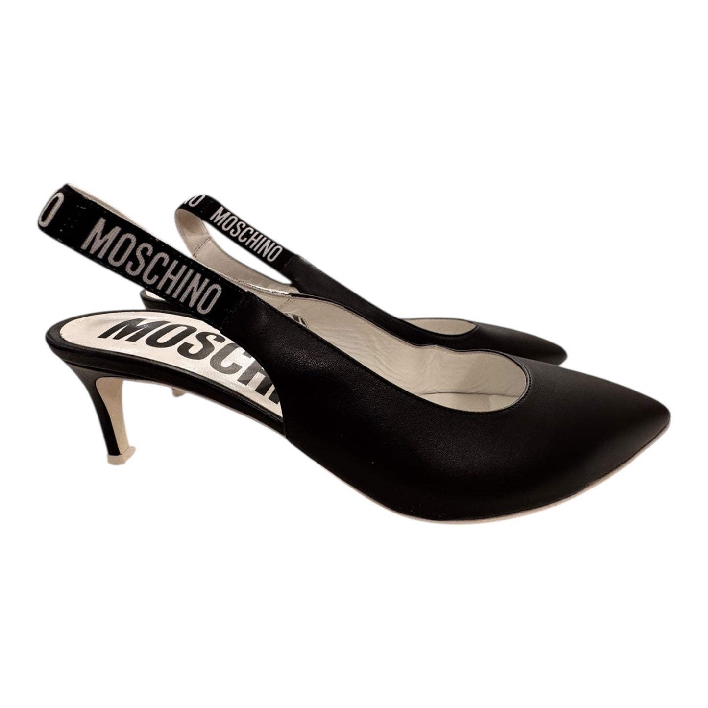 Shoes Luxury Designer By Moschino In Black & White, Size:7.5