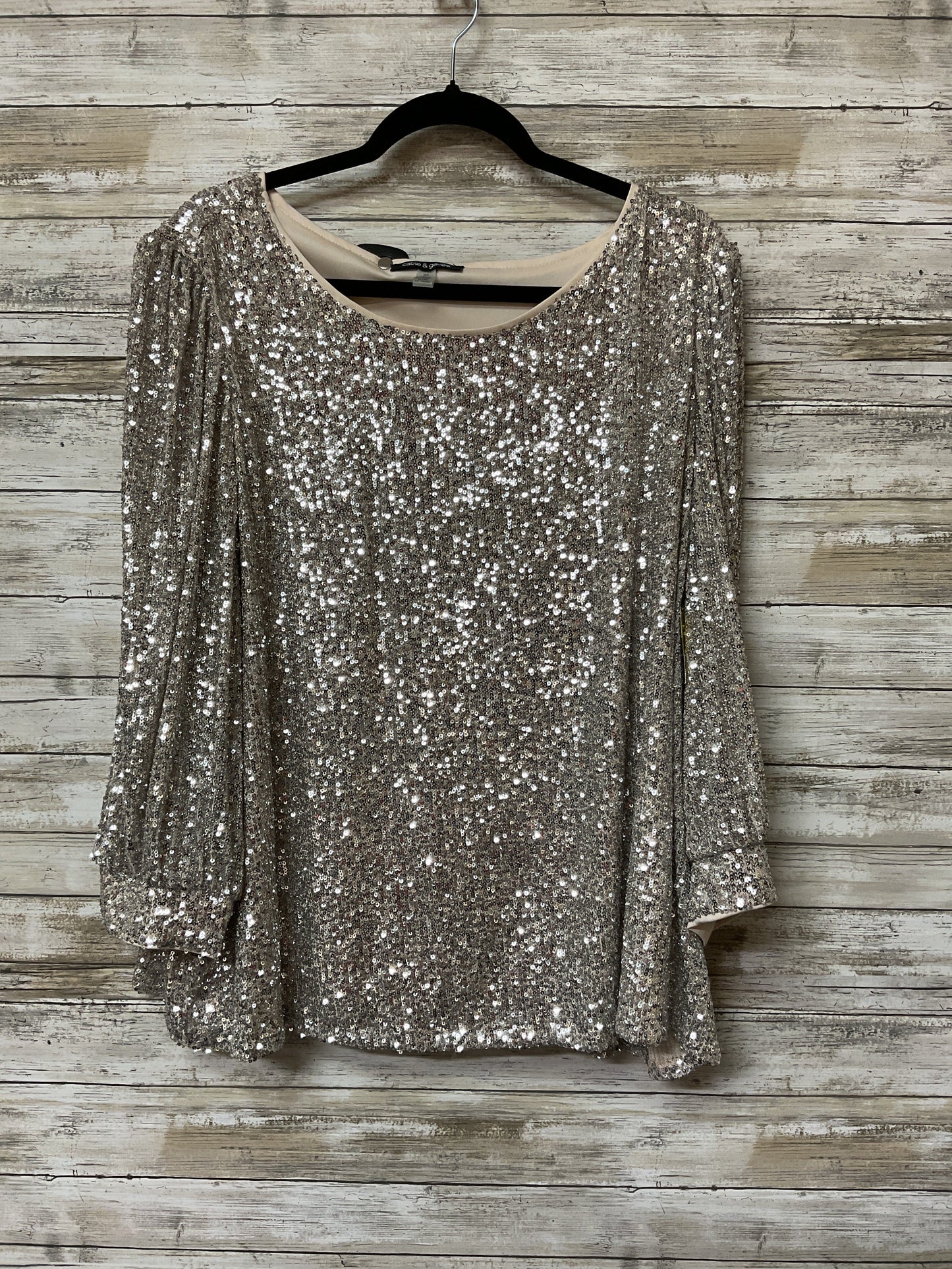 Blouse Ls By Cable And Gauge In Cream & Silver, Size:3X