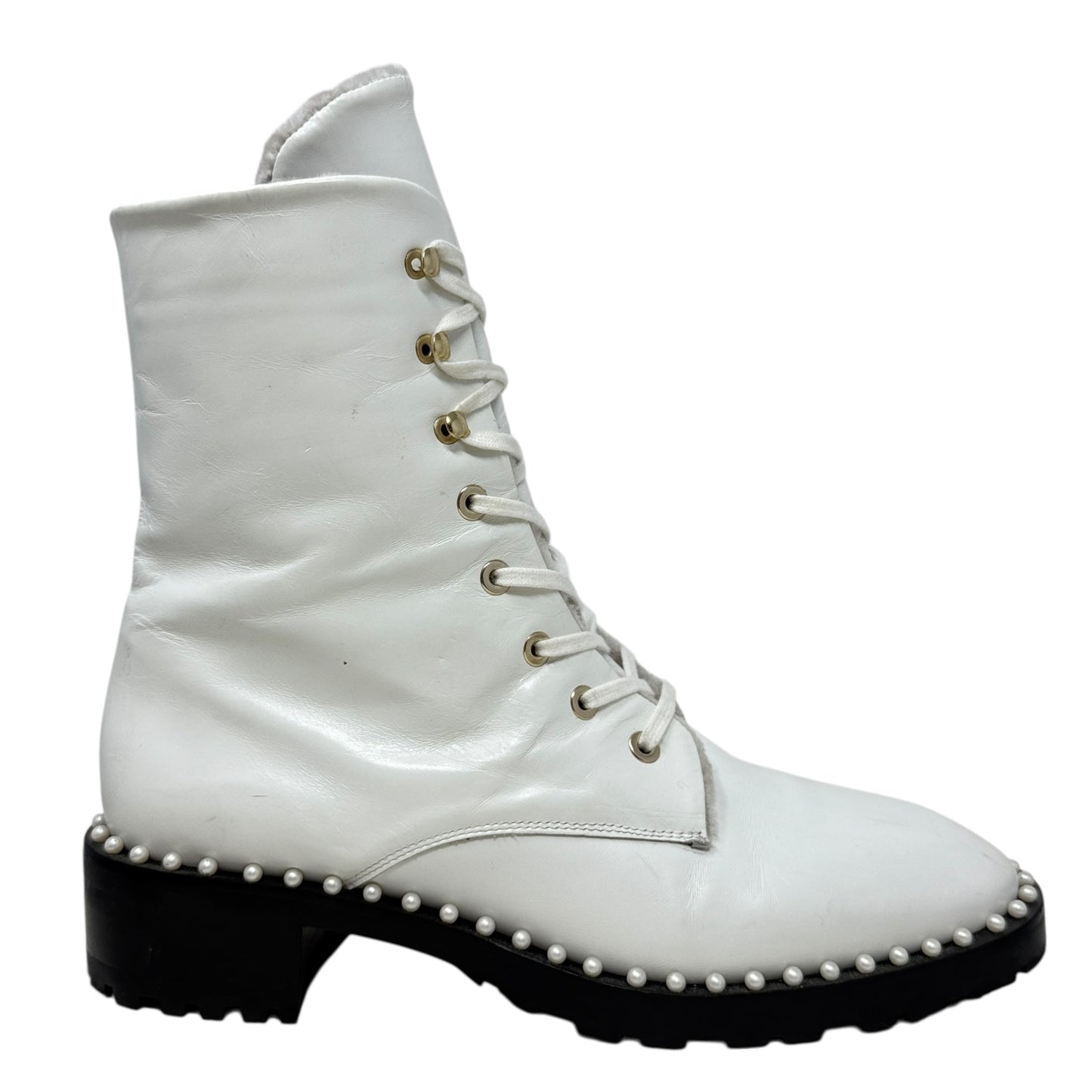 Sondra Nulogo Pearl Embellished Booties Designer By Stuart Weitzman In White, Size: 8