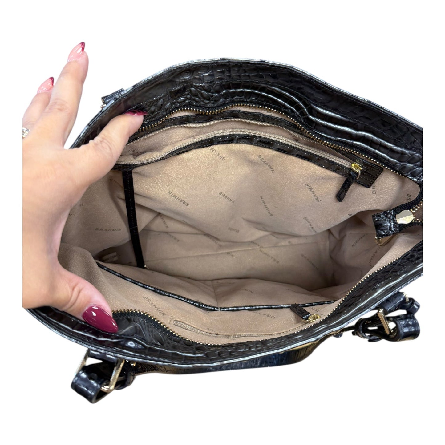 Handbag Designer By Brahmin In Black & Silver, Size:Medium