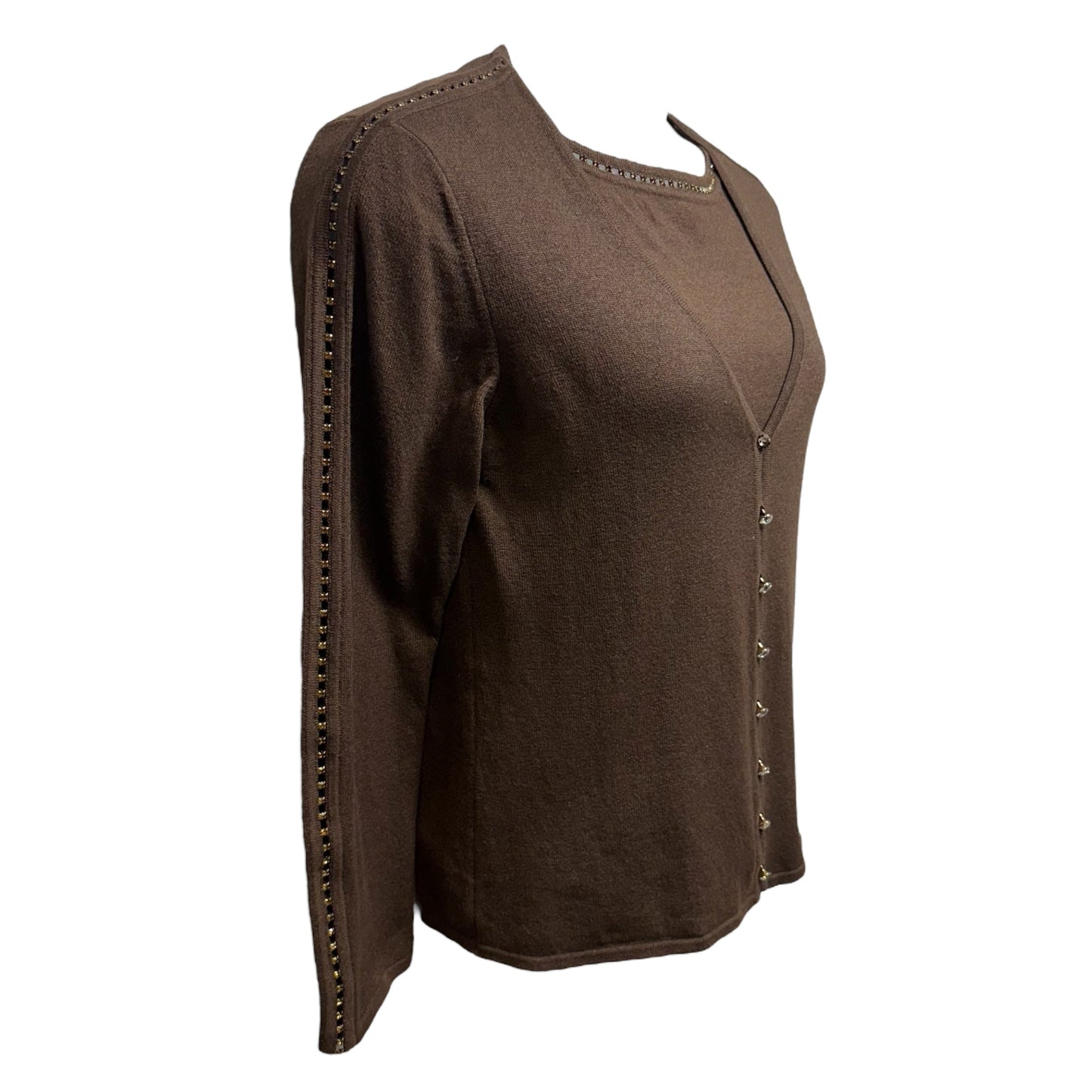 Wool Cashmere Silk Blend & Crystal Embellished Cardigan Sweater Twin Set Designer By Escada In Brown, Size: 6