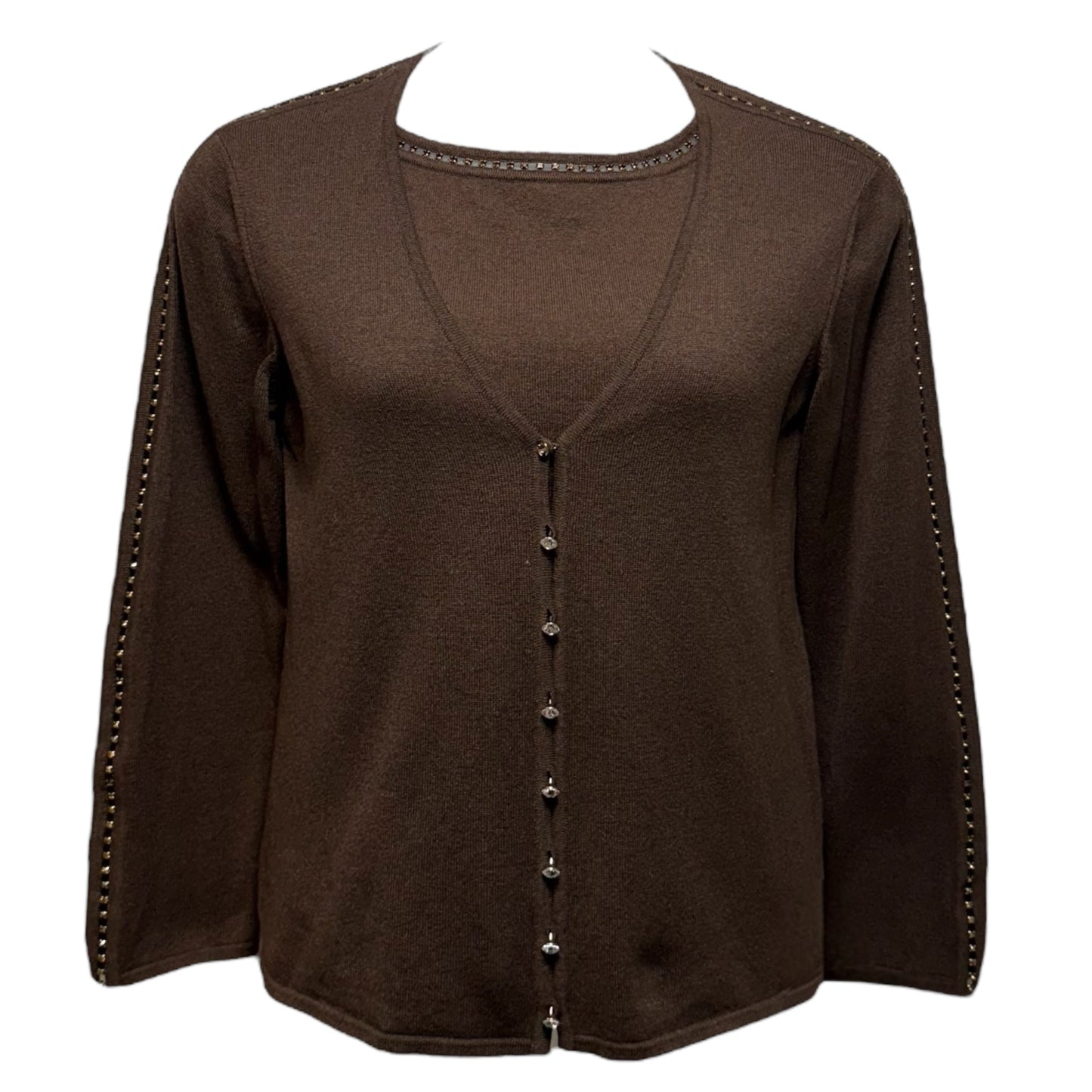 Wool Cashmere Silk Blend & Crystal Embellished Cardigan Sweater Twin Set Designer By Escada In Brown, Size: 6