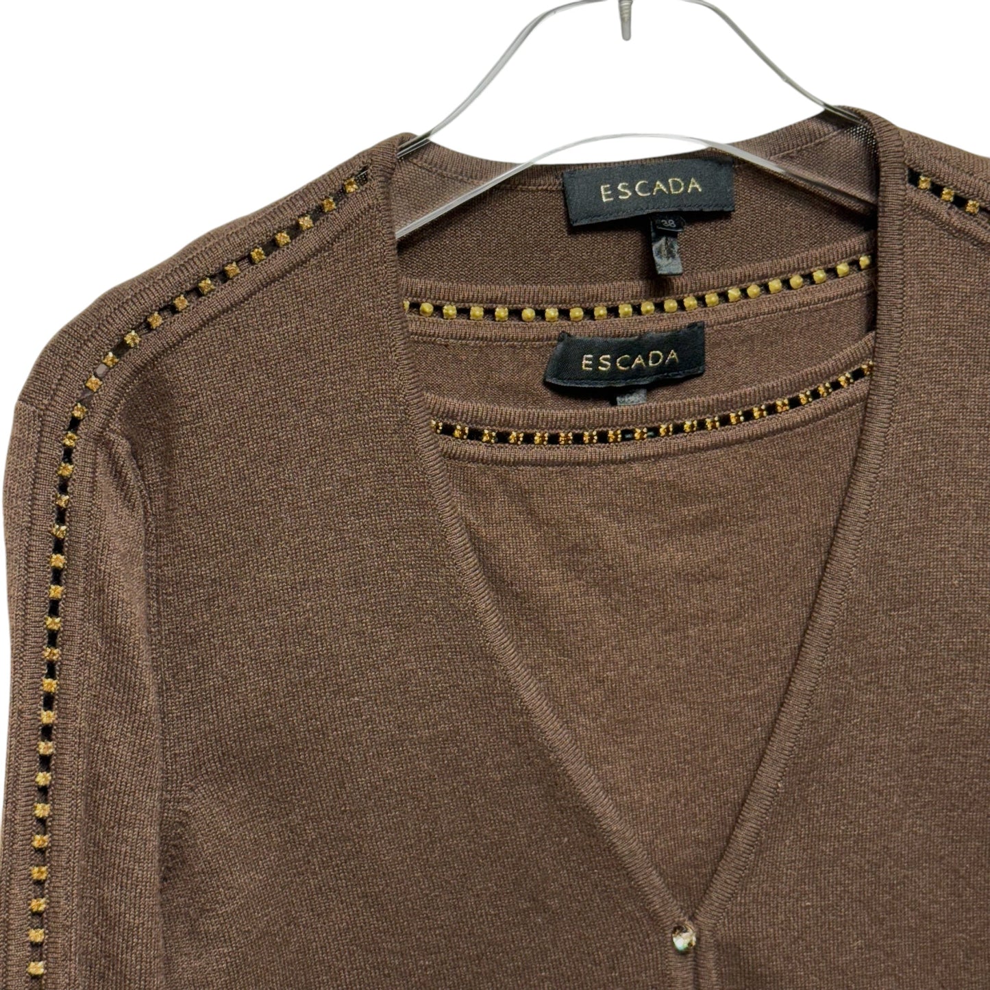 Wool Cashmere Silk Blend & Crystal Embellished Cardigan Sweater Twin Set Designer By Escada In Brown, Size: 6