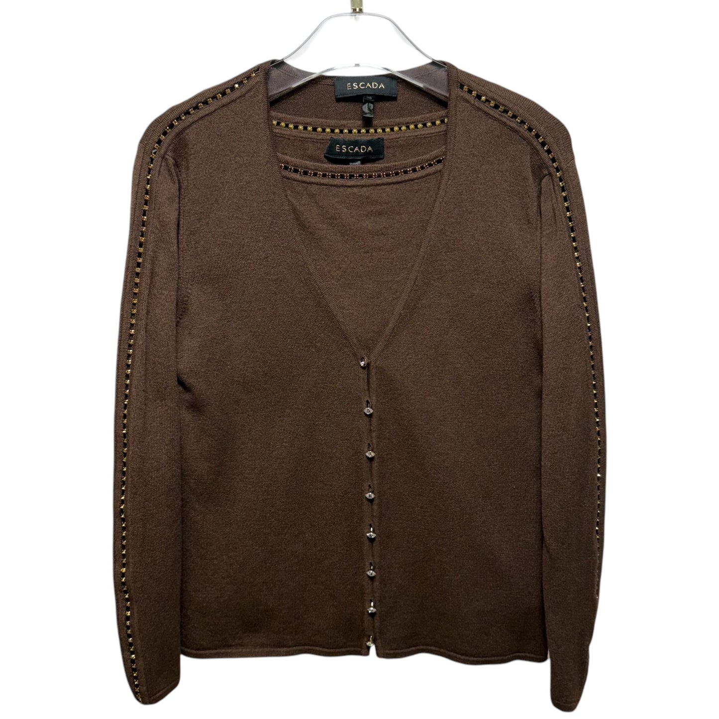 Wool Cashmere Silk Blend & Crystal Embellished Cardigan Sweater Twin Set Designer By Escada In Brown, Size: 6