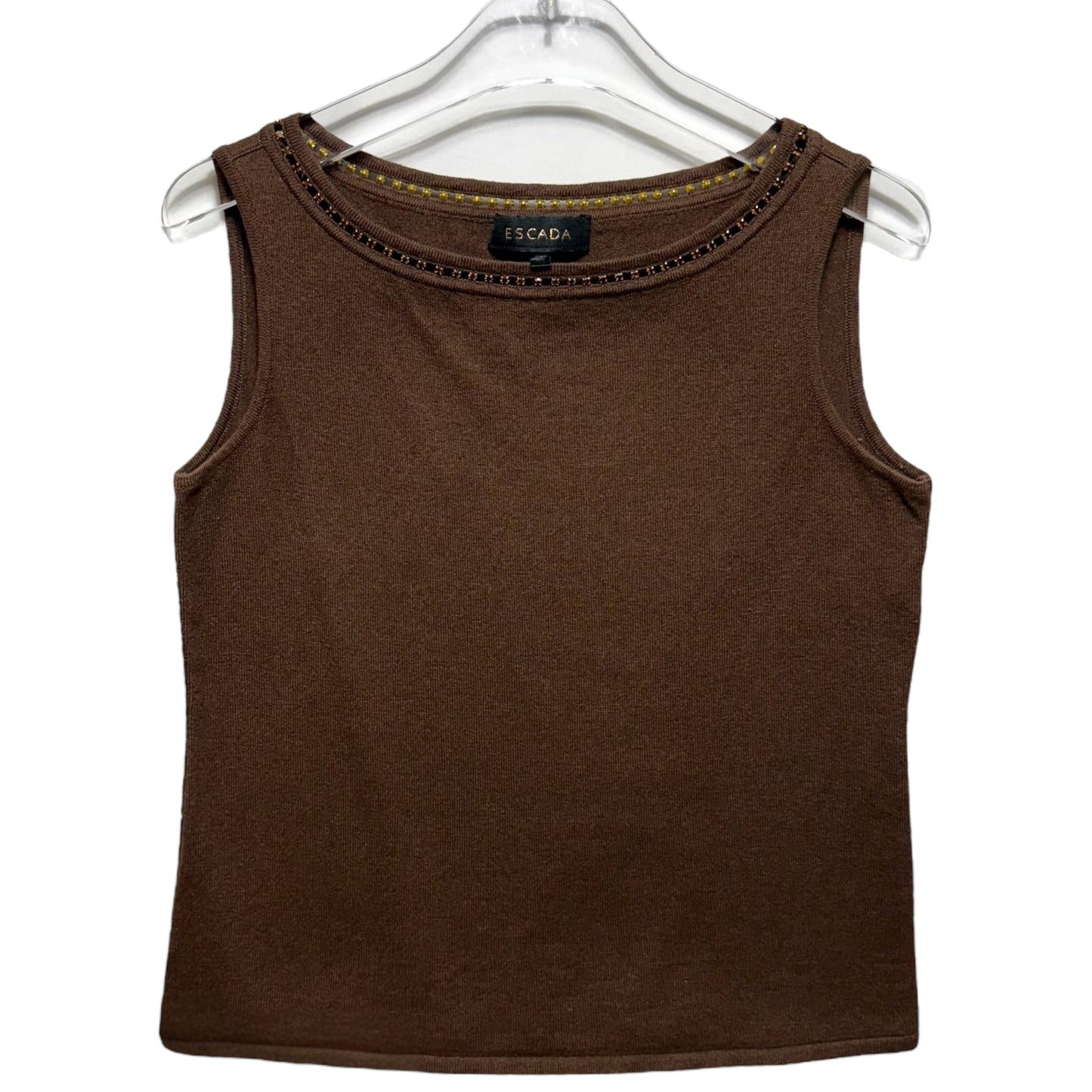 Wool Cashmere Silk Blend & Crystal Embellished Cardigan Sweater Twin Set Designer By Escada In Brown, Size: 6